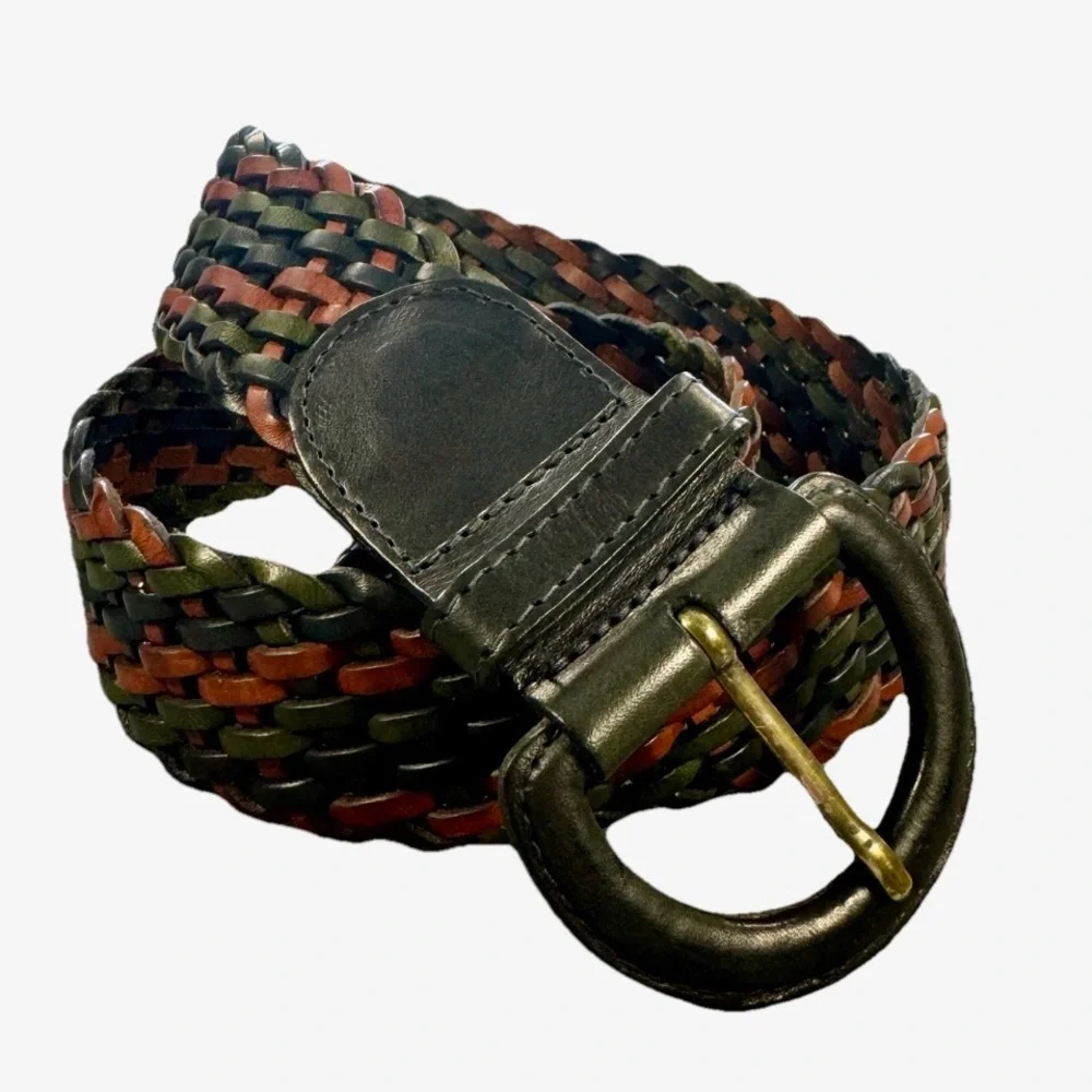Abercrombie & Fitch Woven Leather Belt Braided Brown Green Y2K Boho M